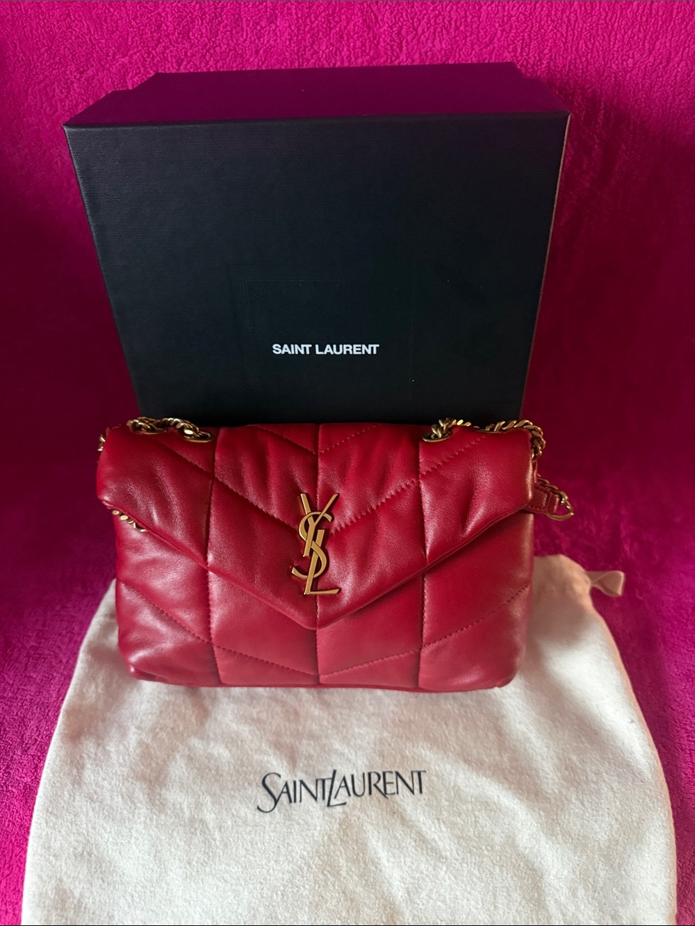 Saint Laurent Red Quilted Loulou Small Shoulder Bag with Gold YSL Hardware